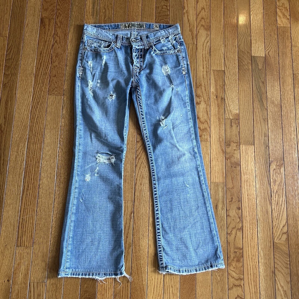 BKE Fulton Jeans 29‎ Boot Cut Button Fly Distressed Light Stone Wash Denim